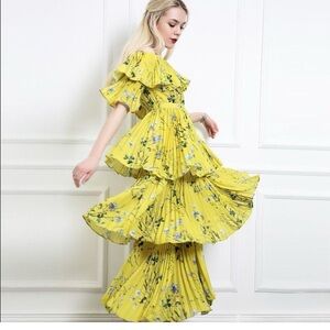 O.P.T Vimmy Yellow Floral Pleated Tiered Off The Shoulder Midi Dress